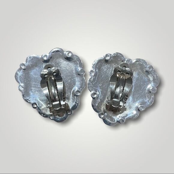 Vtg Sterling Silver 925 Signed Malachite Chunky Concho Heart Clip-on Earrings - Picture 4 of 7